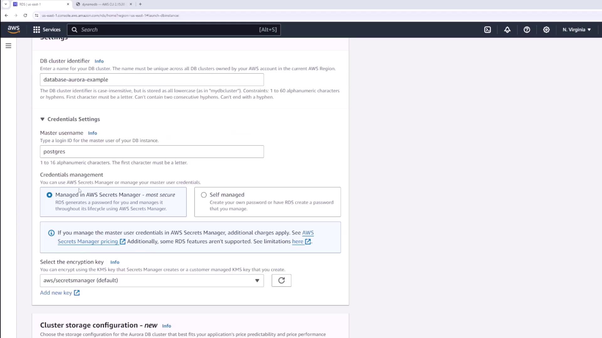 The image shows an AWS RDS configuration page where a user is setting up a database cluster identifier and managing credentials using AWS Secrets Manager.