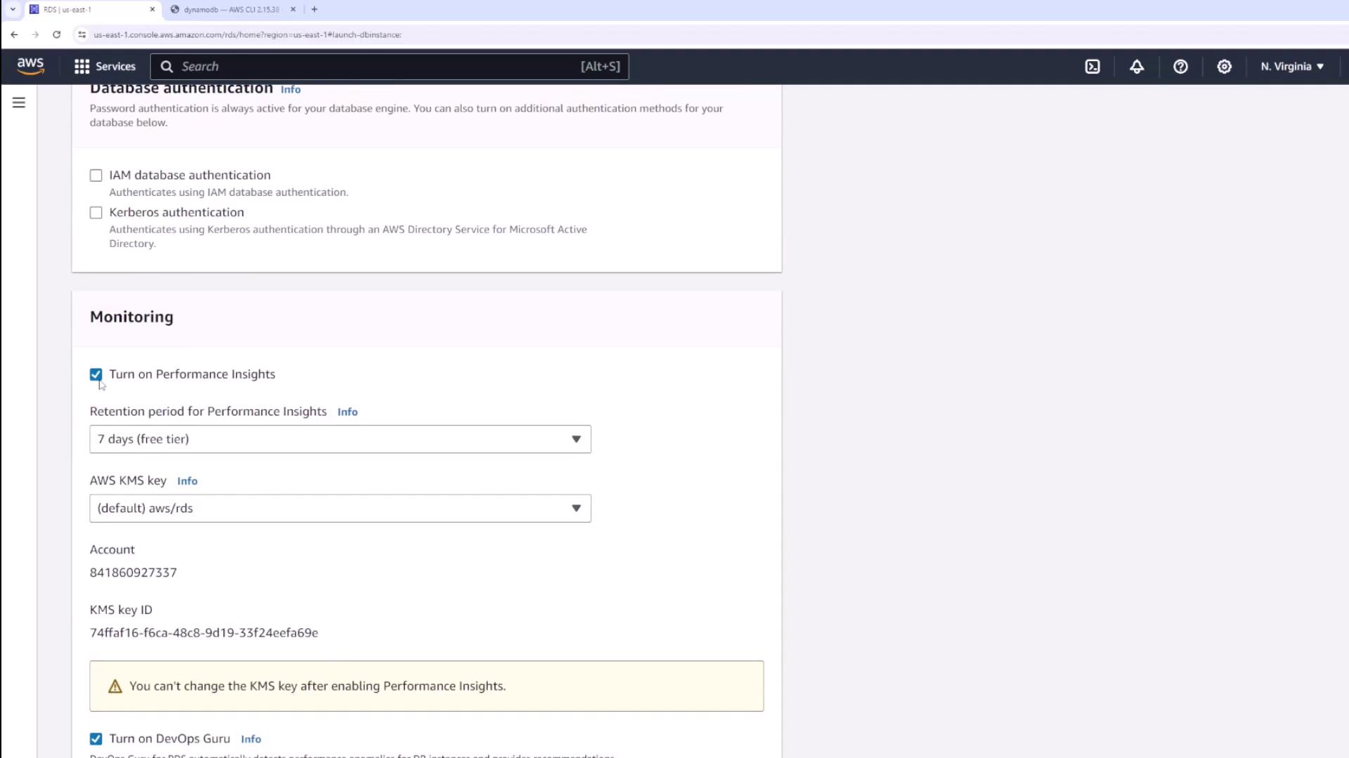 The image shows an AWS RDS console screen with options for database authentication and monitoring settings, including Performance Insights and DevOps Guru.