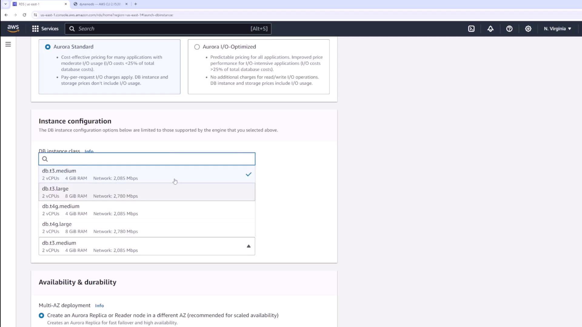 The image shows an AWS RDS console screen where a user is selecting a DB instance class, with options like "db.t3.medium" and "db.t3.large" visible. The screen also includes sections for instance configuration and availability settings.