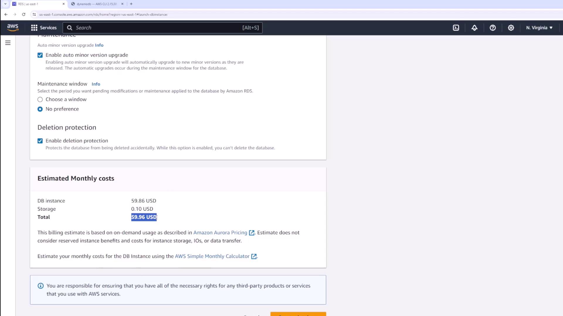 The image shows an AWS RDS console screen with options for maintenance, deletion protection, and estimated monthly costs for a database instance. The total estimated cost is $59.96 USD.