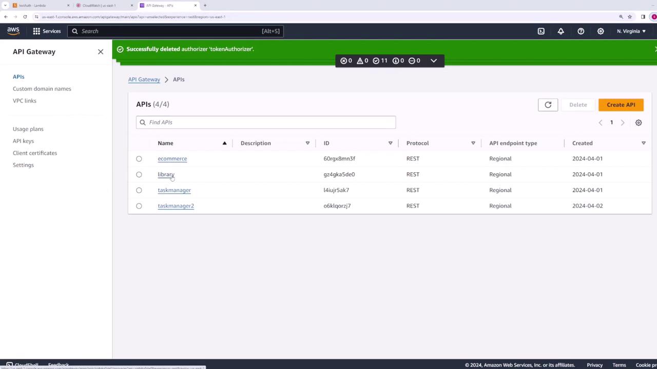 The image shows the AWS API Gateway console with a list of four APIs named "ecommerce," "library," "taskmanager," and "taskmanager2," all using the REST protocol. A green notification at the top indicates a successful deletion of an authorizer.