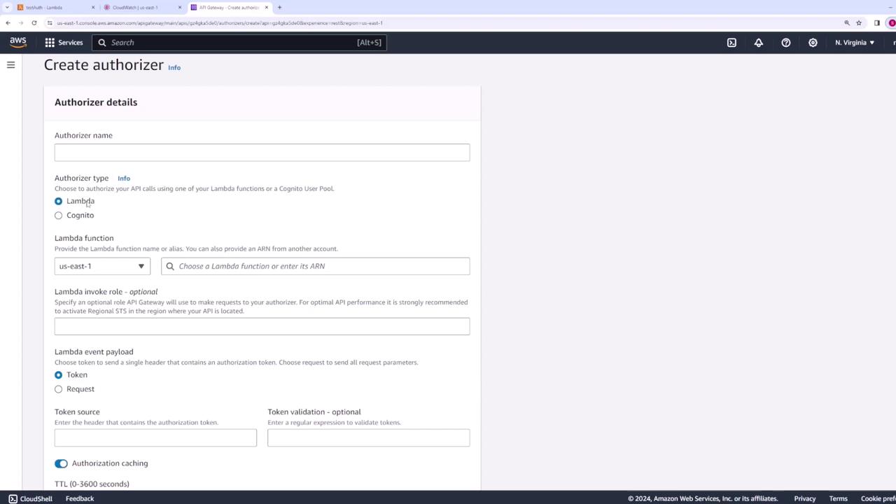 The image shows an AWS API Gateway interface for creating an authorizer, with options to select the authorizer type, Lambda function, and other settings.