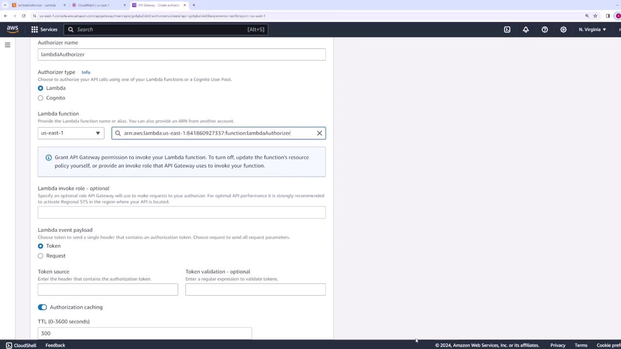 The image shows a configuration screen for setting up a Lambda authorizer in AWS API Gateway, with options for selecting the authorizer type, Lambda function, and other settings.
