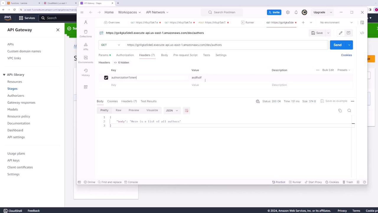 The image shows a Postman interface with a GET request to an AWS API Gateway endpoint, displaying a JSON response. The response body contains a message: "Here is a list of all authors."