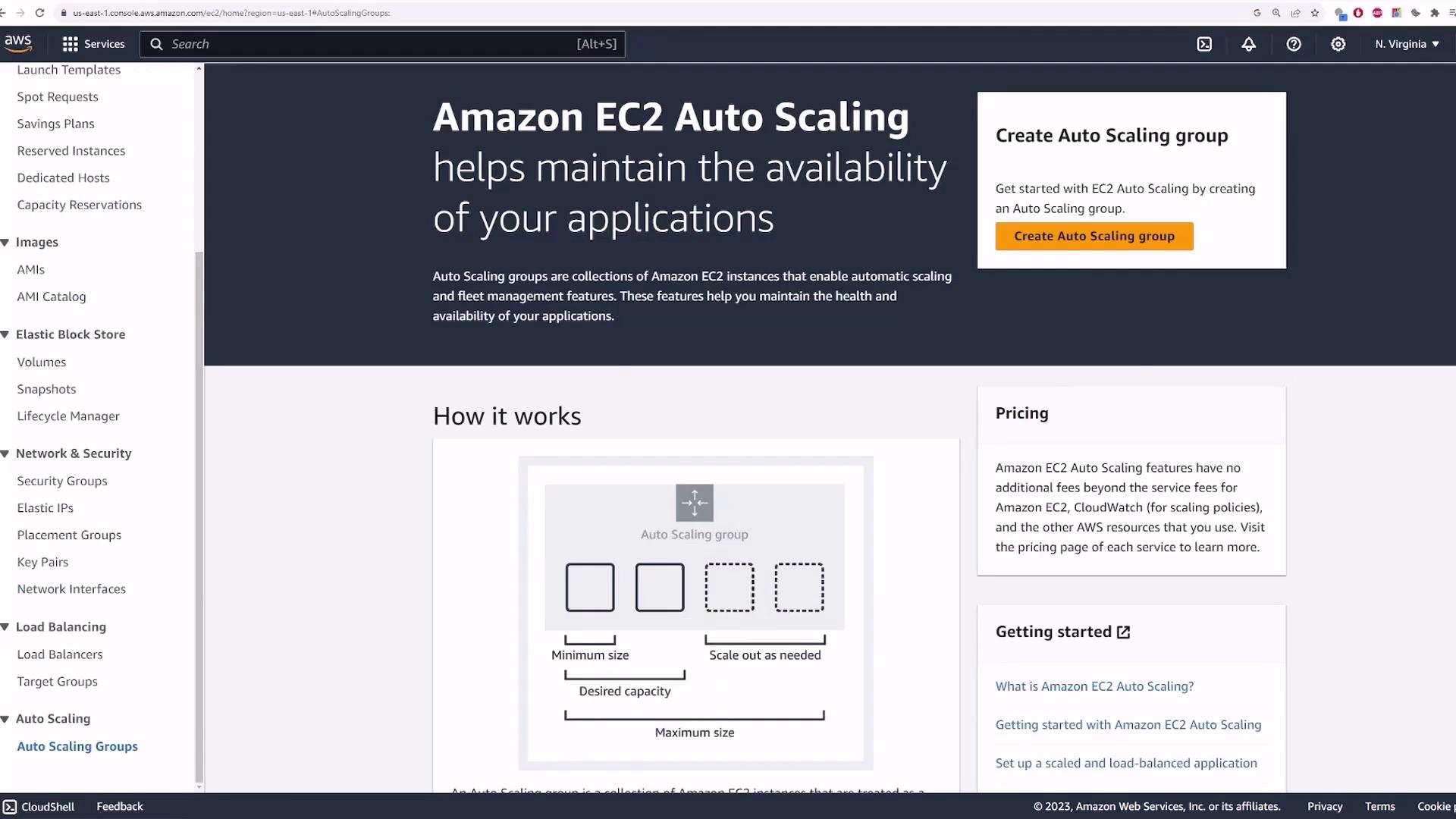 The image shows an Amazon EC2 Auto Scaling webpage, explaining its features and how it helps maintain application availability, with options to create an Auto Scaling group and information on pricing and getting started.
