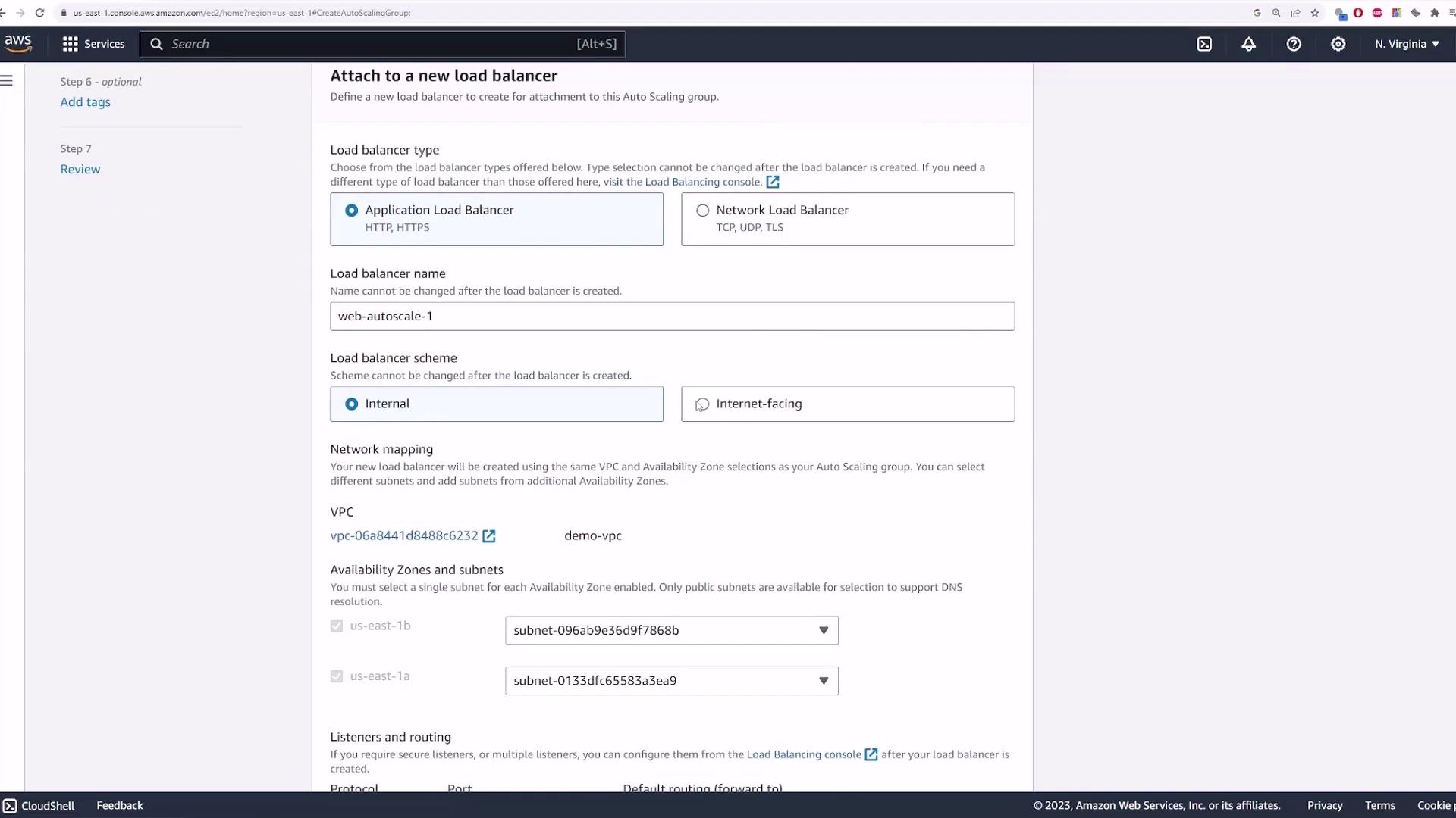 The image shows an AWS console interface for attaching a new load balancer to an auto-scaling group, with options for load balancer type, name, scheme, and network mapping.