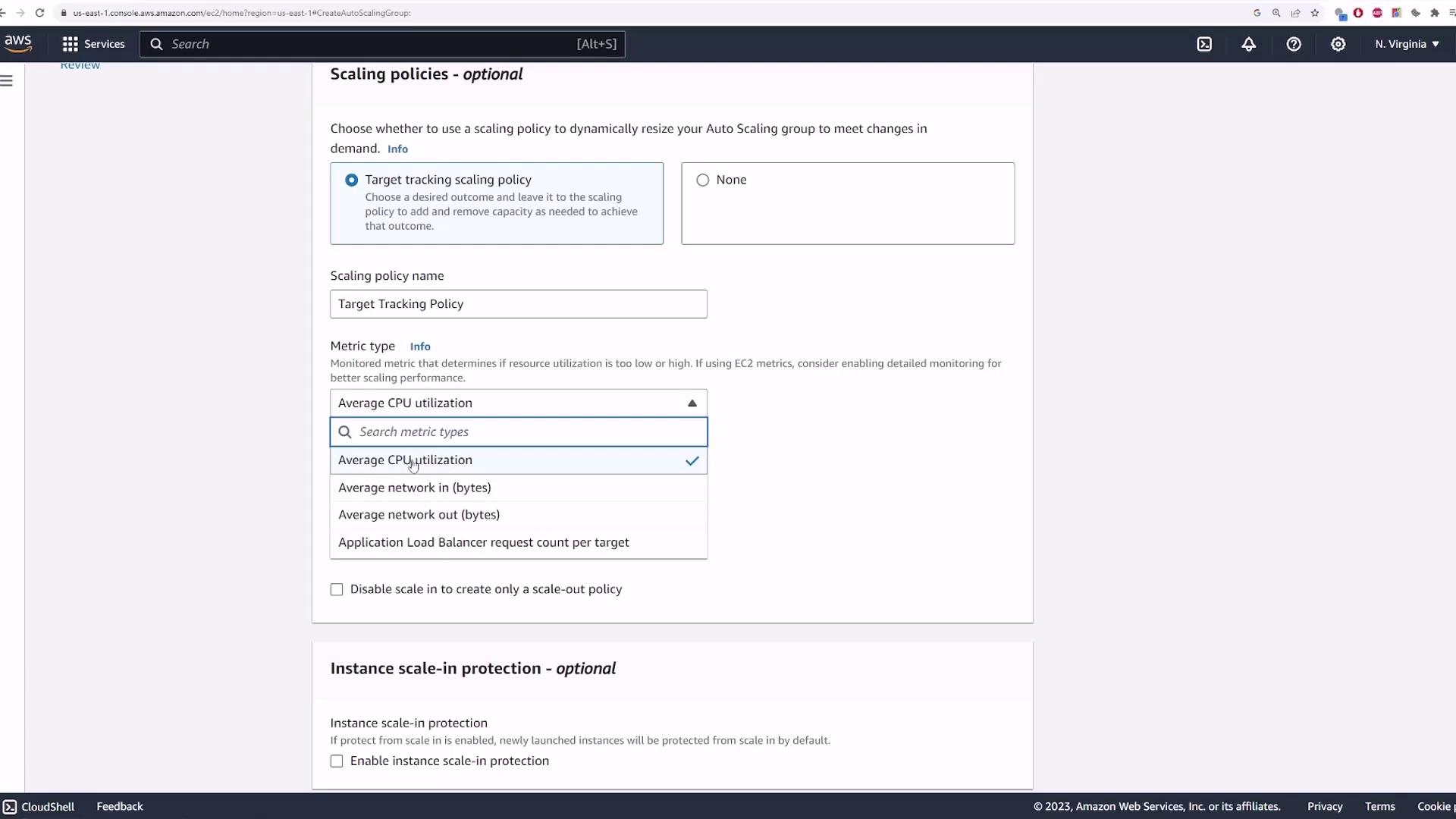The image shows an AWS console interface for configuring scaling policies, with options for selecting a metric type such as "Average CPU utilization."