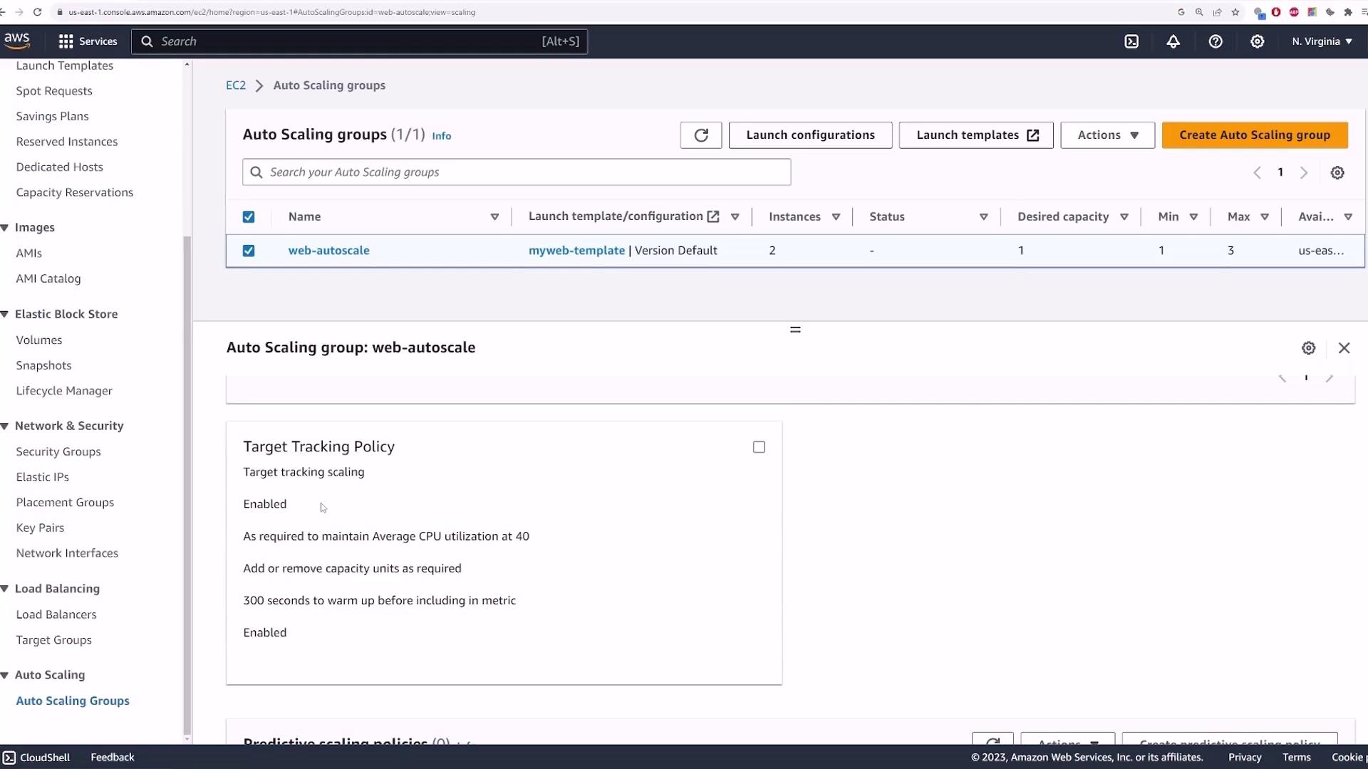 The image shows an AWS EC2 Auto Scaling Groups dashboard with a group named "web-autoscale" and a target tracking policy enabled for maintaining average CPU utilization.