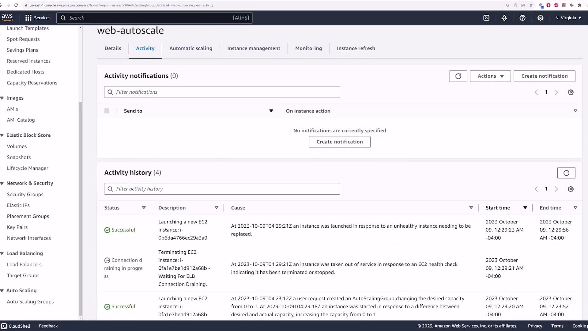 The image shows an AWS EC2 Auto Scaling activity dashboard, displaying activity notifications and a history of instance launches and terminations.