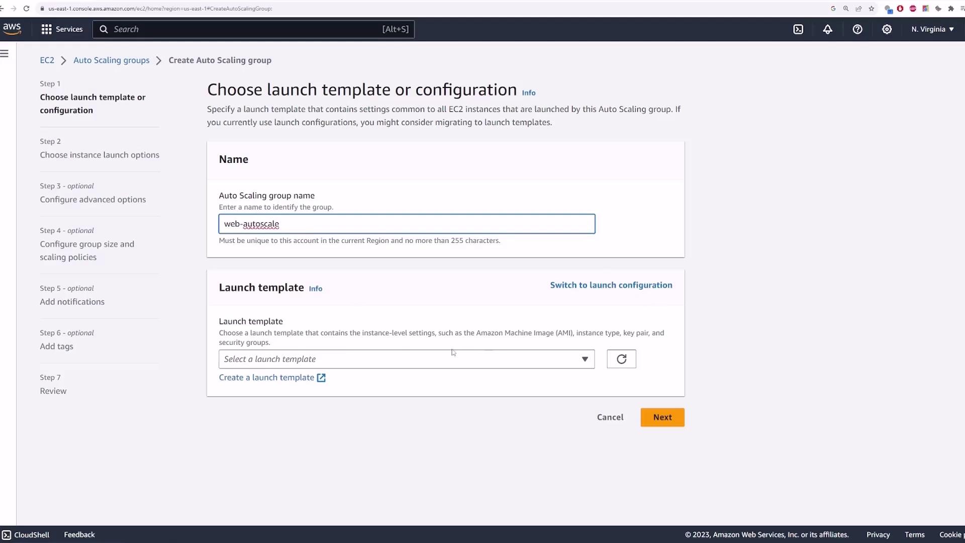 The image shows an AWS EC2 console screen for creating an Auto Scaling group, with fields for naming the group and selecting a launch template.