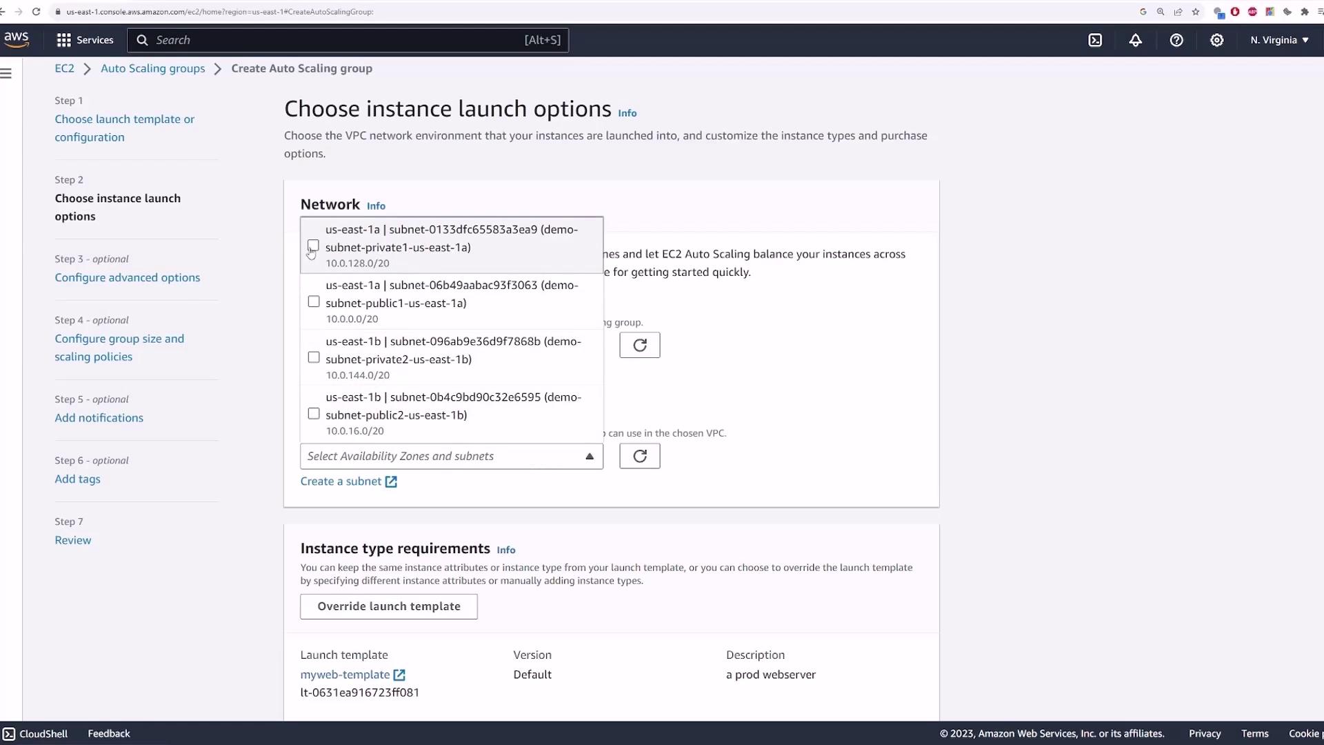 The image shows an AWS EC2 Auto Scaling group setup page, where instance launch options and network configurations are being selected. It includes a dropdown menu for choosing subnets and options for configuring instance type requirements.