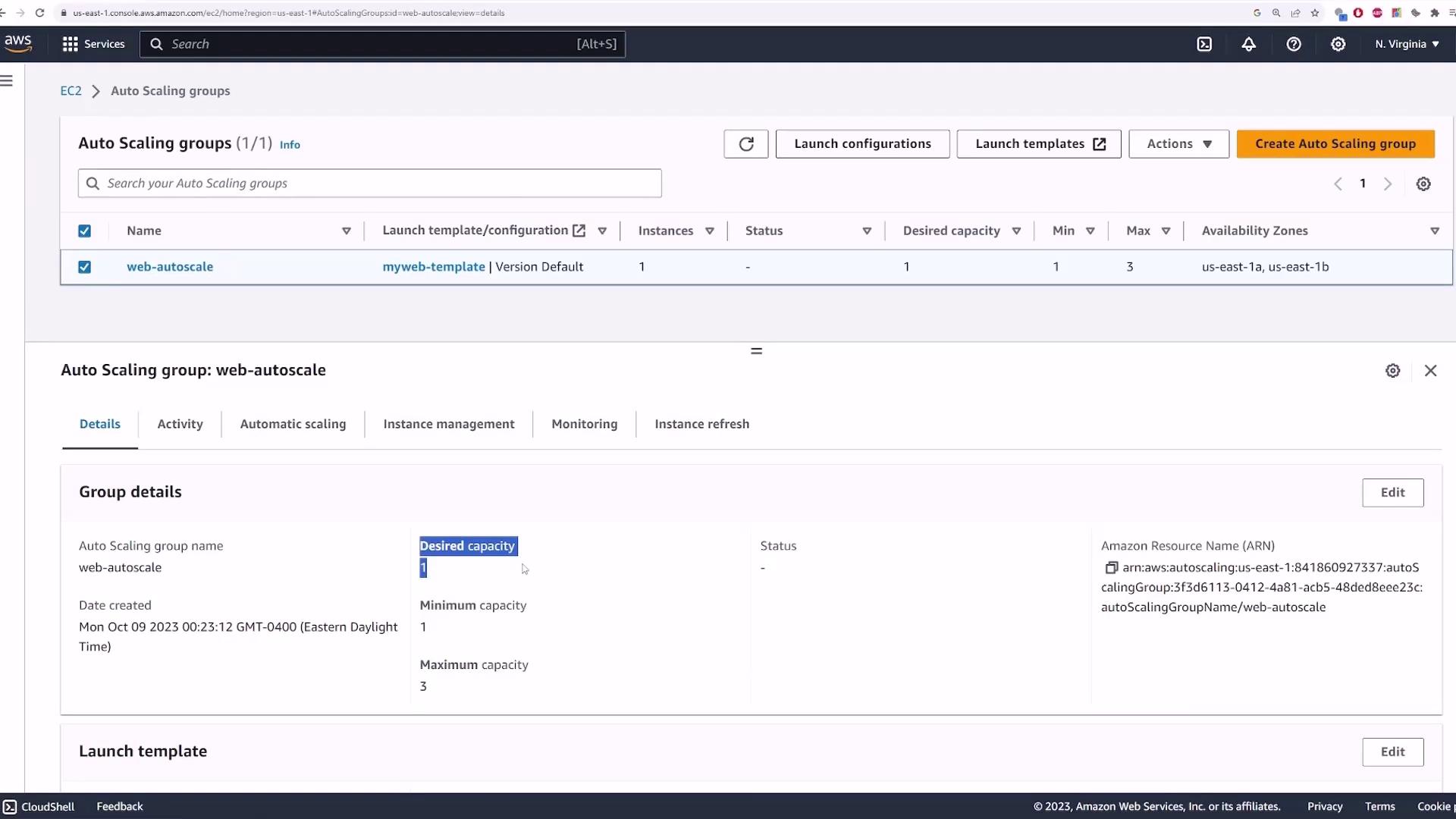 The image shows an AWS EC2 Auto Scaling group configuration page, displaying details for a group named "web-autoscale" with a desired capacity of 1, minimum capacity of 1, and maximum capacity of 3.