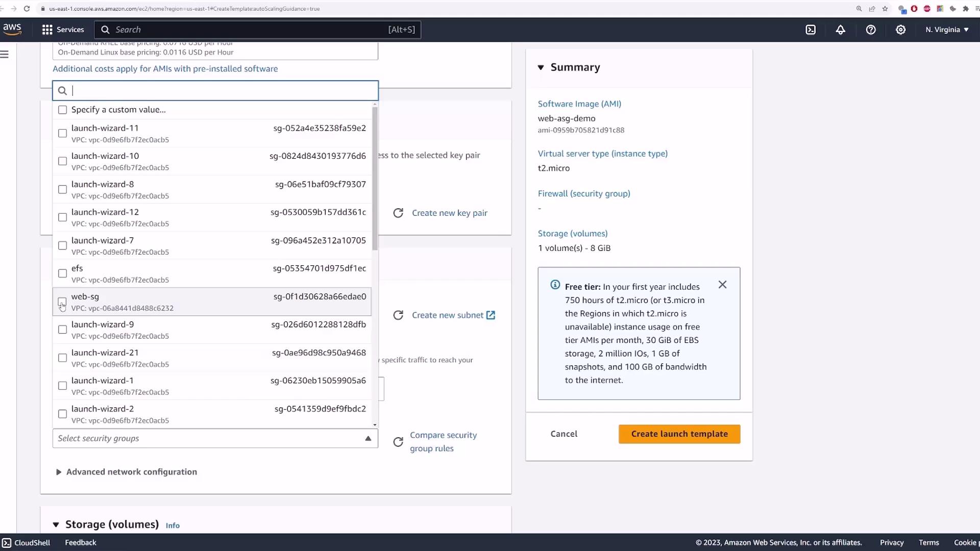 The image shows an AWS EC2 console interface where a user is selecting security groups and viewing a summary of a virtual server setup, including software image, instance type, and storage details.