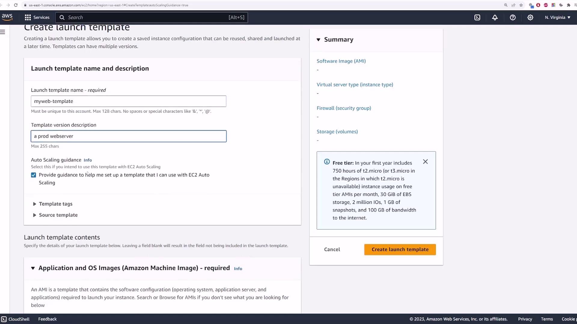 The image shows an AWS EC2 console page for creating a launch template, with fields for the template name and description, and options for auto-scaling guidance. A summary section on the right provides information about the free tier.