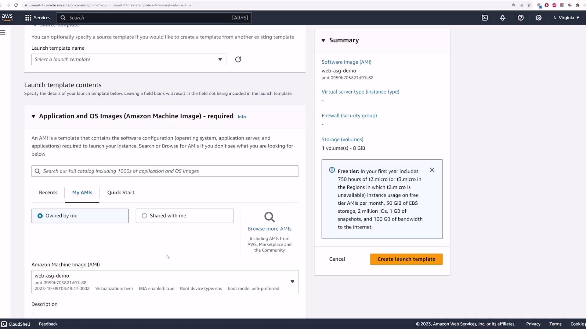 The image shows an AWS EC2 console interface for creating a launch template, with options to select an Amazon Machine Image (AMI) and a summary of the selected configuration.