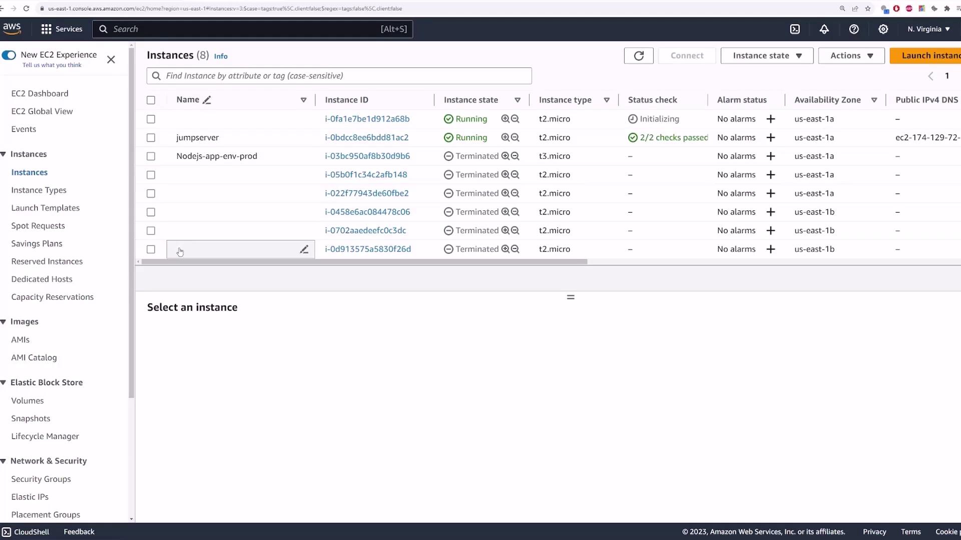 The image shows an AWS EC2 management console with a list of instances, including their IDs, states, types, and status checks. Two instances are running, while the others are terminated.