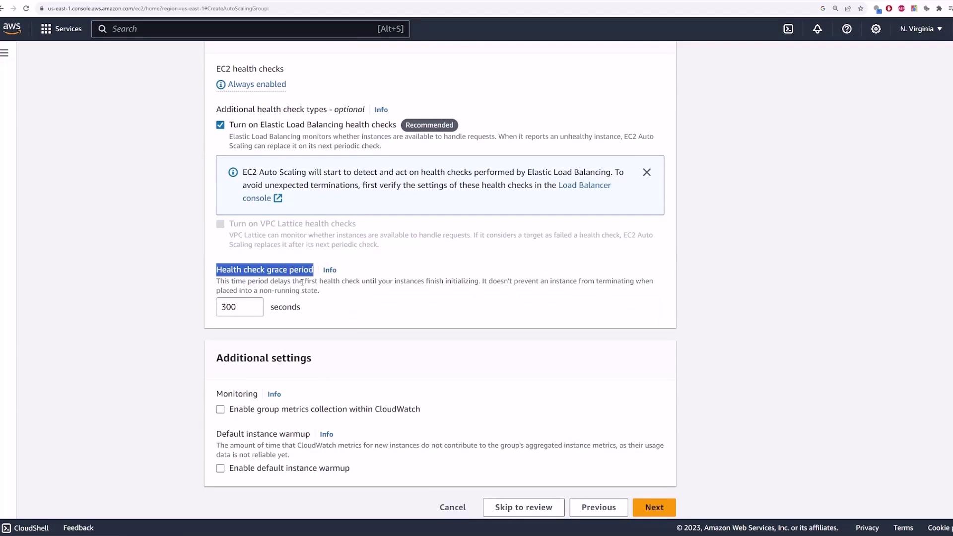The image shows a configuration screen for setting up EC2 health checks and additional settings in the AWS Management Console. Options include enabling Elastic Load Balancing health checks and setting a health check grace period.