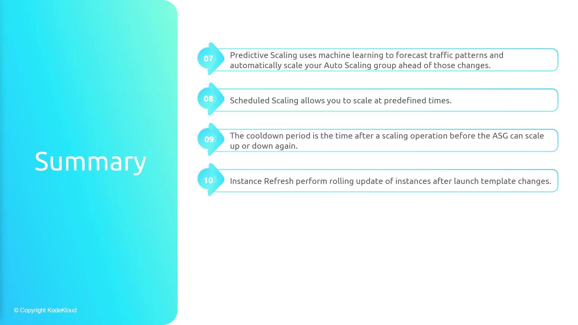 The image is a summary slide detailing aspects of auto-scaling, including predictive scaling, scheduled scaling, cooldown periods, and instance refresh. It features a gradient background with numbered points.