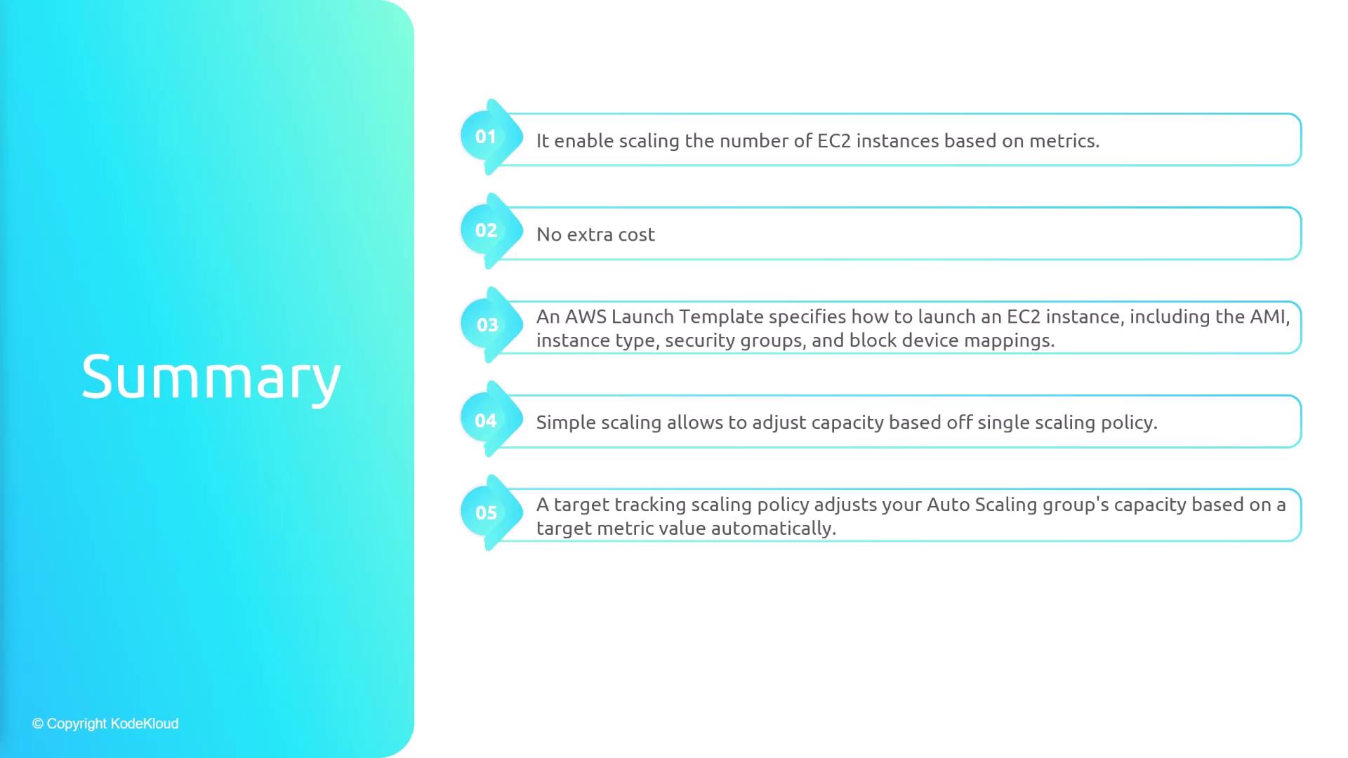 The image is a summary slide outlining key points about AWS EC2 instance scaling, including metrics-based scaling, no extra cost, launch templates, simple scaling policies, and target tracking scaling policies.