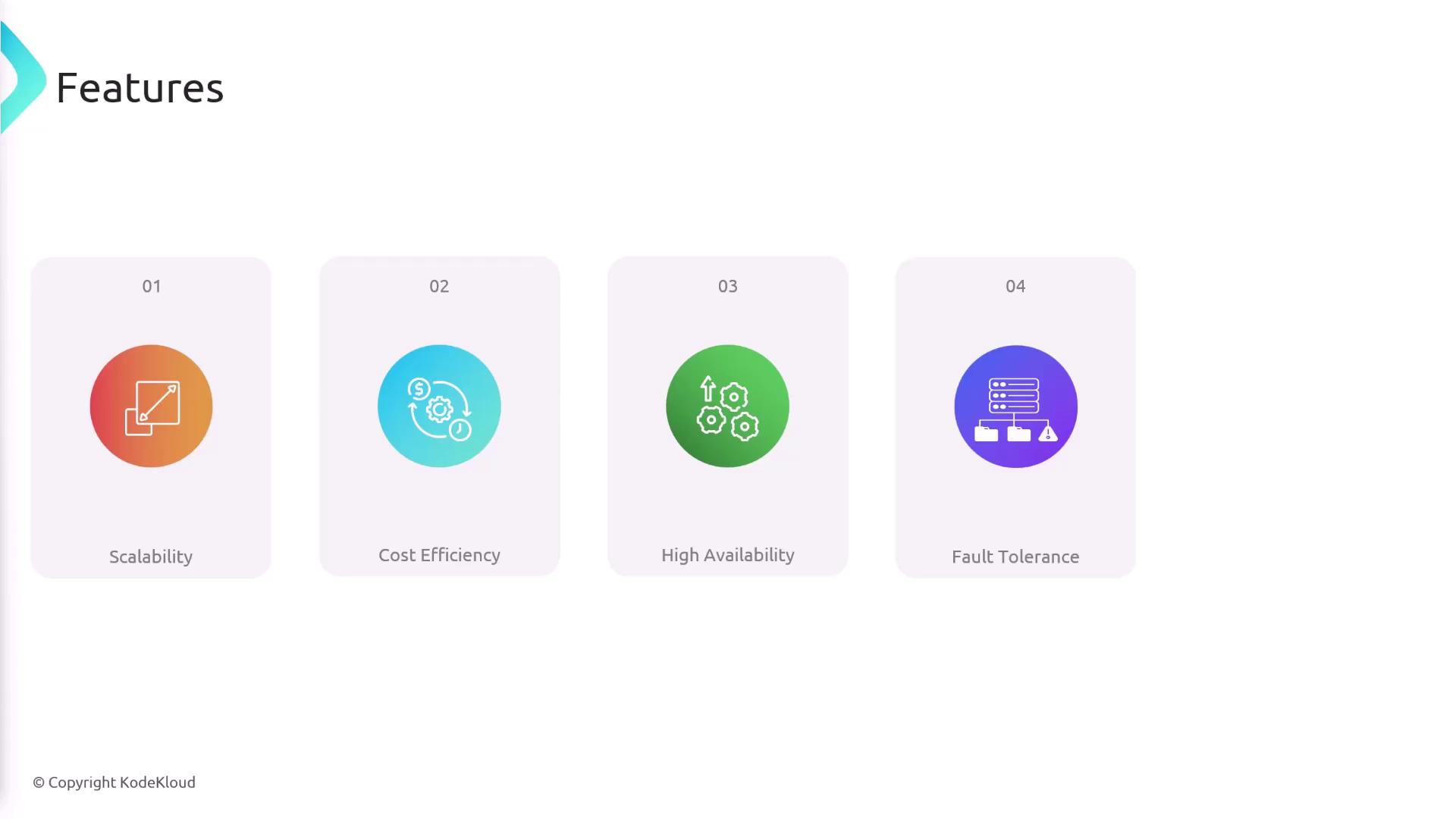 The image displays four features: Scalability, Cost Efficiency, High Availability, and Fault Tolerance, each represented by an icon and a colored circle.