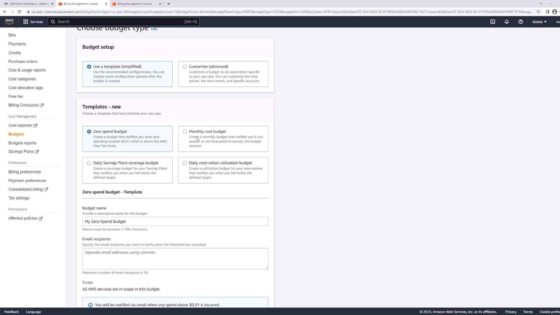 The image shows the AWS Billing Management Console, specifically the "Choose budget type" section, where users can select budget templates like "Zero spend budget" or "Monthly cost budget."