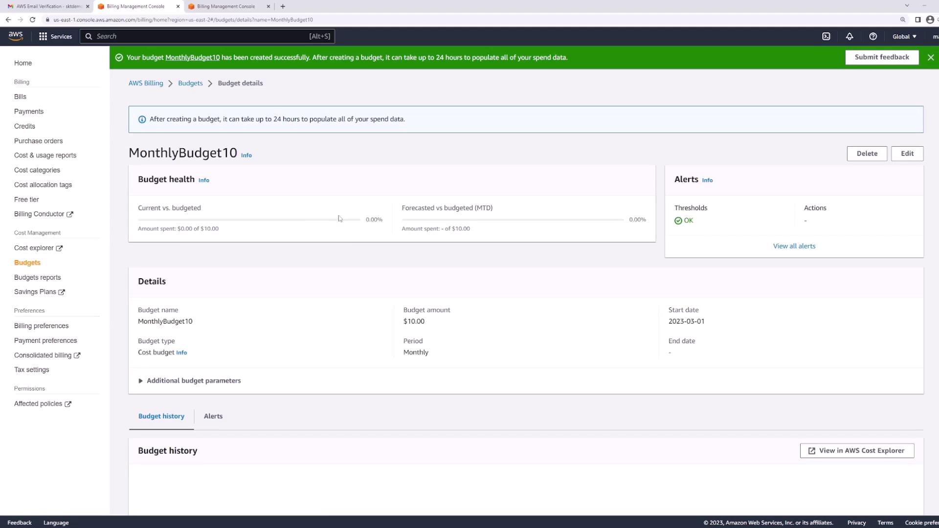 The image shows an AWS Billing Management Console screen displaying details of a budget named "MonthlyBudget10" with a budget amount of $10.00 and no current spending.