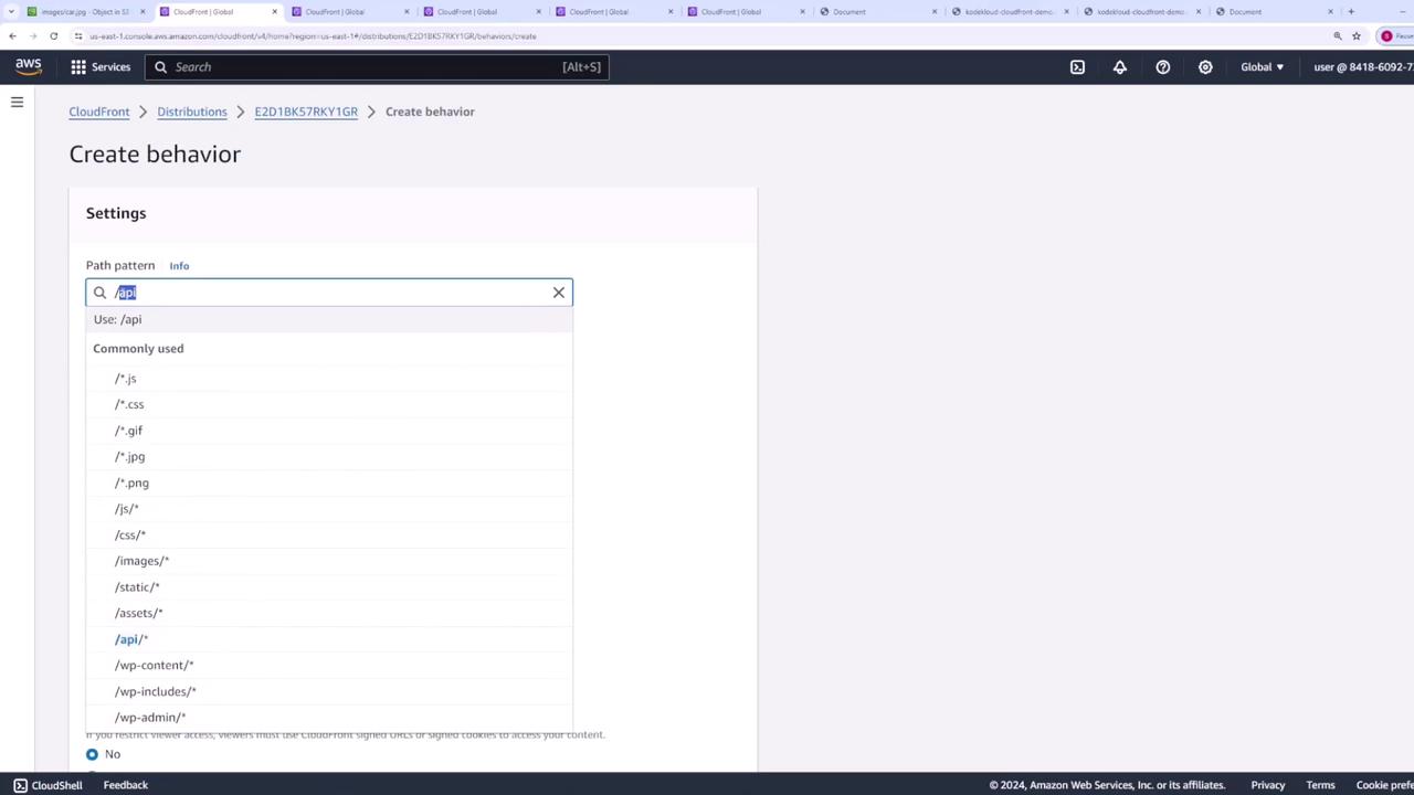 The image shows an AWS CloudFront interface for creating a behavior, with a focus on setting a path pattern, specifically "/api". Commonly used path patterns are listed below the input field.