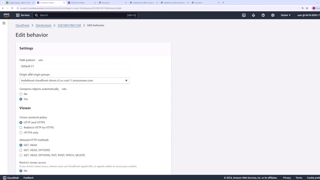 The image shows an AWS CloudFront "Edit behavior" settings page, where options like path pattern, origin, compression, and viewer protocol policy are configured.