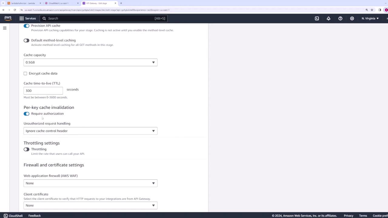 The image shows a configuration page from AWS API Gateway, detailing settings for API caching, throttling, and firewall and certificate options.