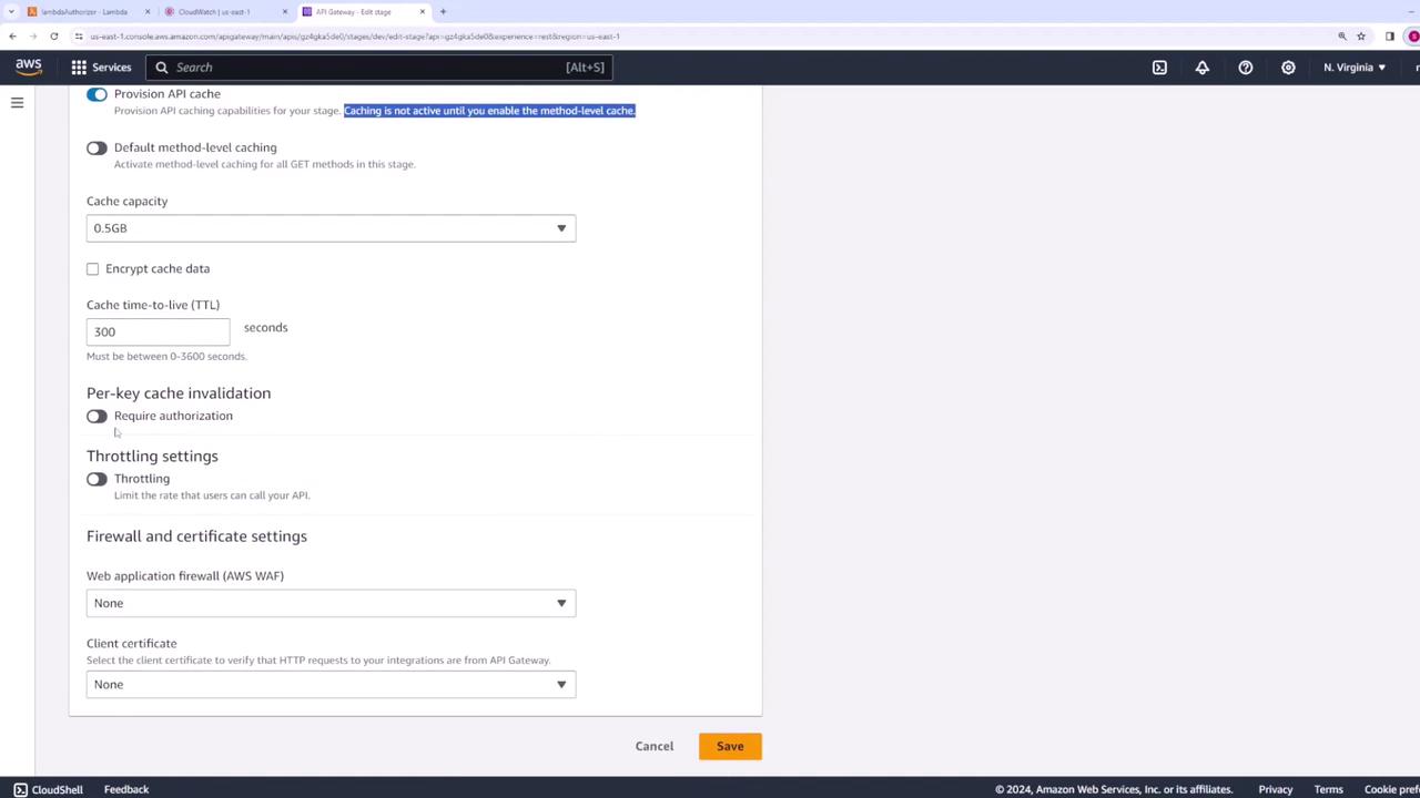 The image shows an AWS API Gateway settings page, where options for caching, throttling, and firewall settings are being configured. The page includes dropdown menus and toggle switches for various settings.
