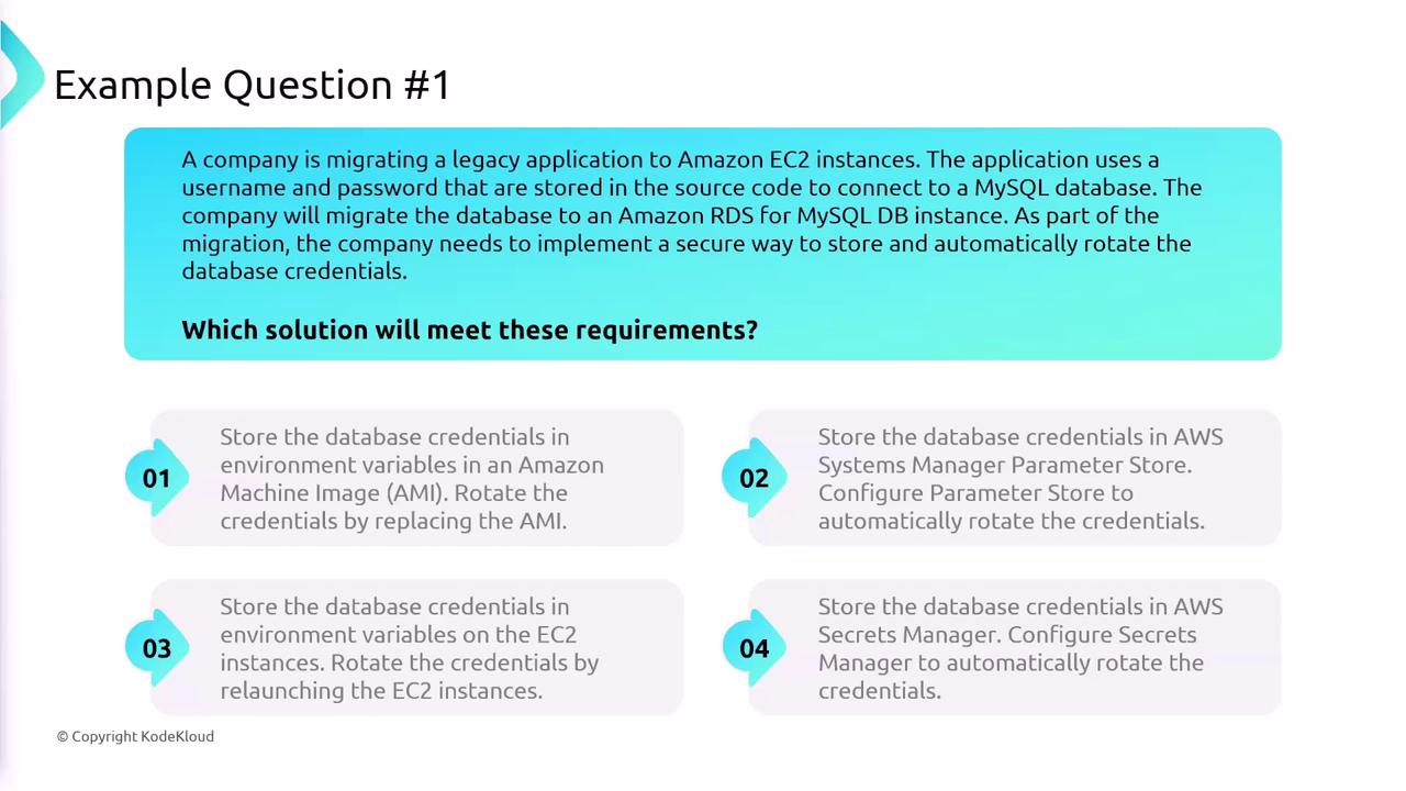 The image presents a question about securely storing and rotating database credentials during a migration to Amazon EC2 instances, with four potential solutions involving AWS services.