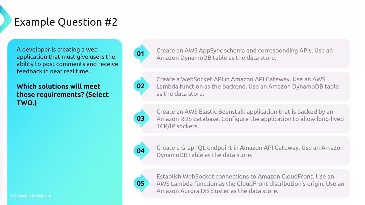 The image presents a multiple-choice question about selecting solutions for a web application that allows real-time comments and feedback, with five options provided.