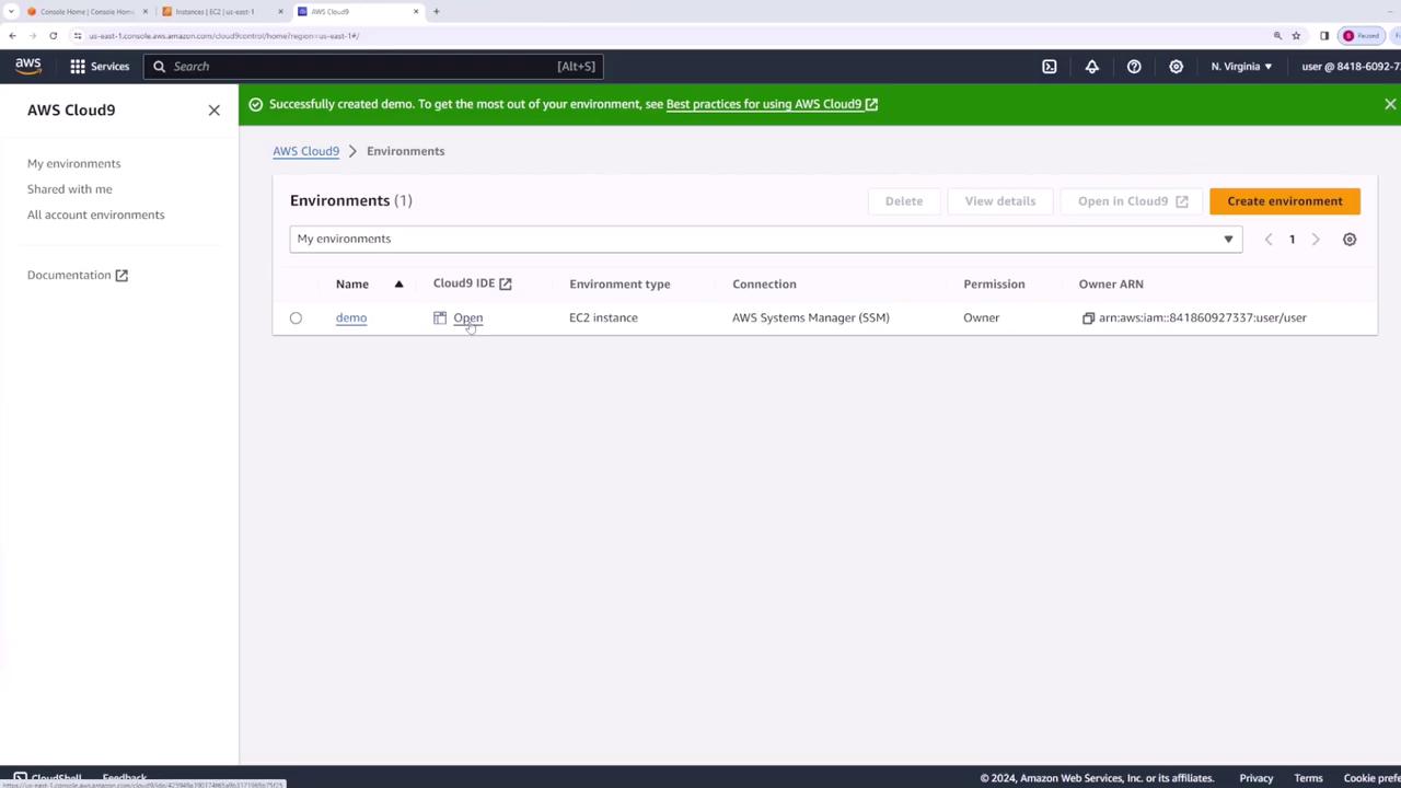 The image shows the AWS Cloud9 console with a list of environments, including one named "demo," which is an EC2 instance connected via AWS Systems Manager. A green notification bar indicates successful creation of the environment.