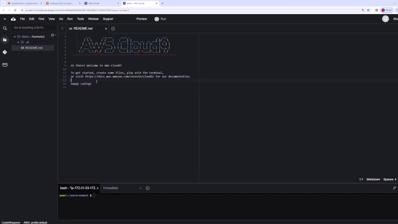 The image shows the AWS Cloud9 integrated development environment (IDE) with a README.md file open, displaying a welcome message and instructions for getting started. The interface includes a file explorer on the left and a terminal at the bottom.