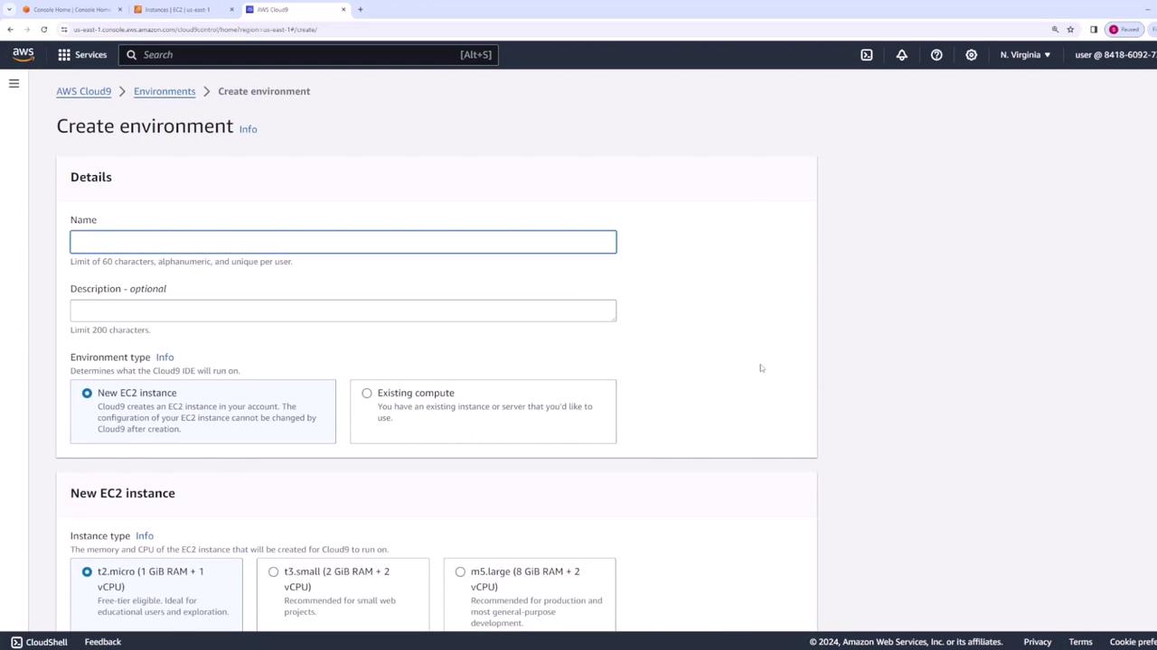The image shows the AWS Cloud9 interface for creating a new environment, where users can input details like name and description, and choose between a new EC2 instance or existing compute resources.