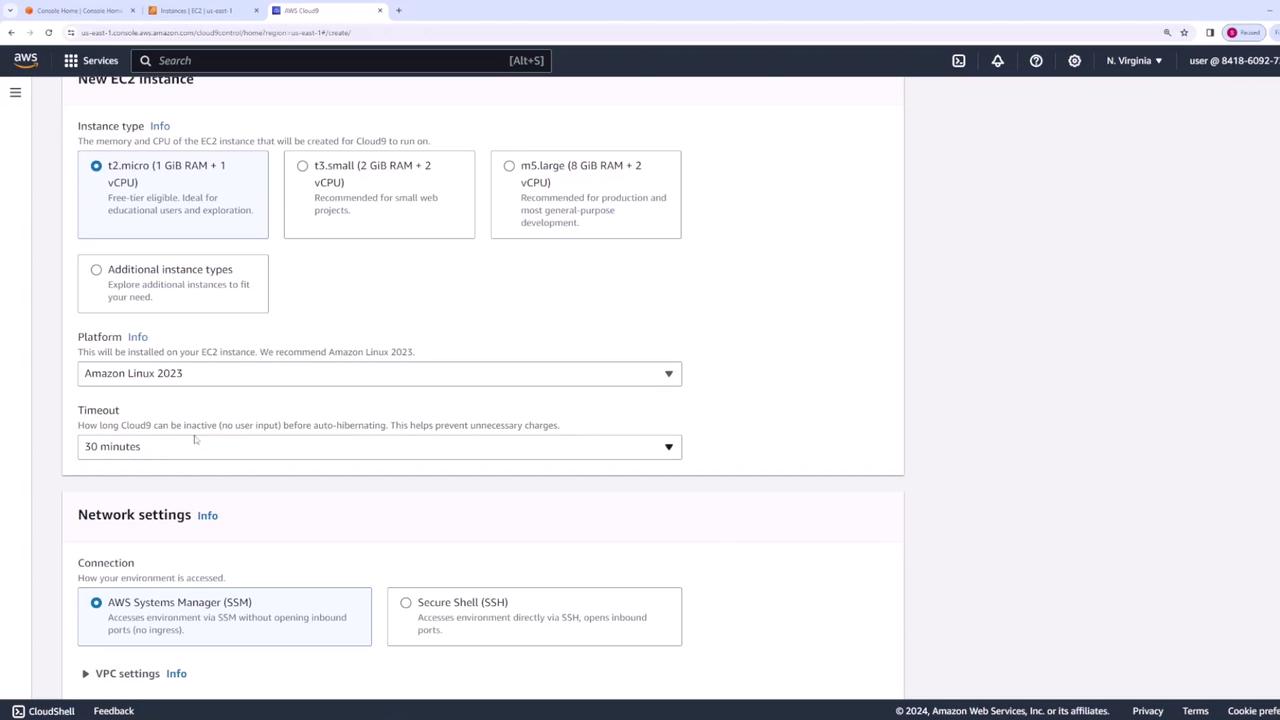 The image shows an AWS console screen for creating a new EC2 instance, with options for instance type, platform, timeout settings, and network connection preferences.