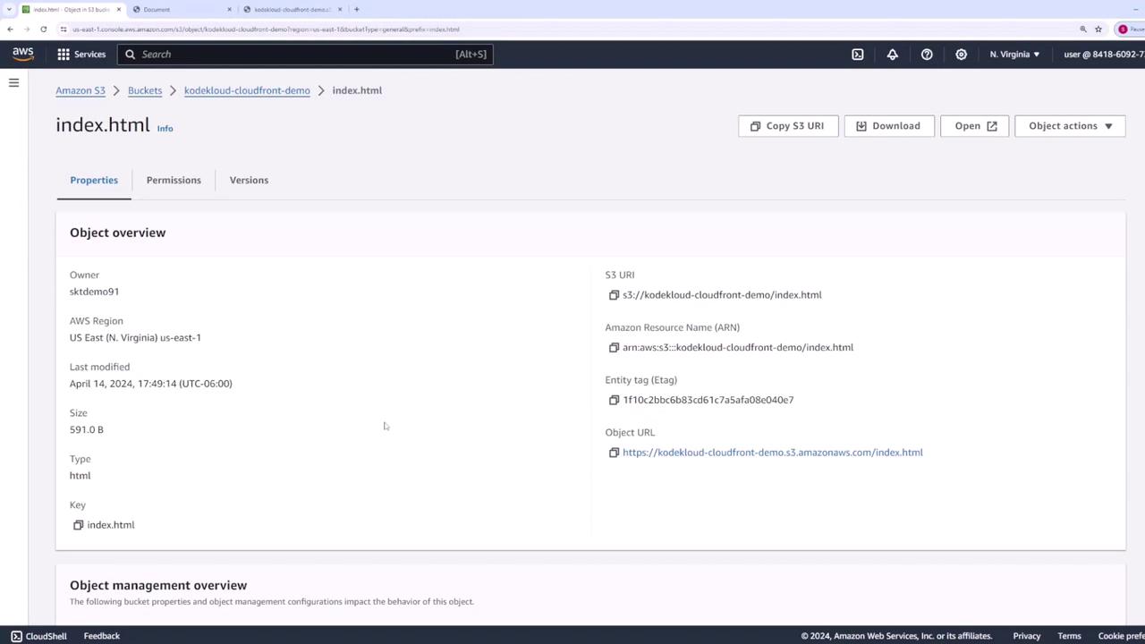 The image shows an Amazon S3 console displaying details of an object named "index.html" in a bucket, including its properties, S3 URI, and object URL.