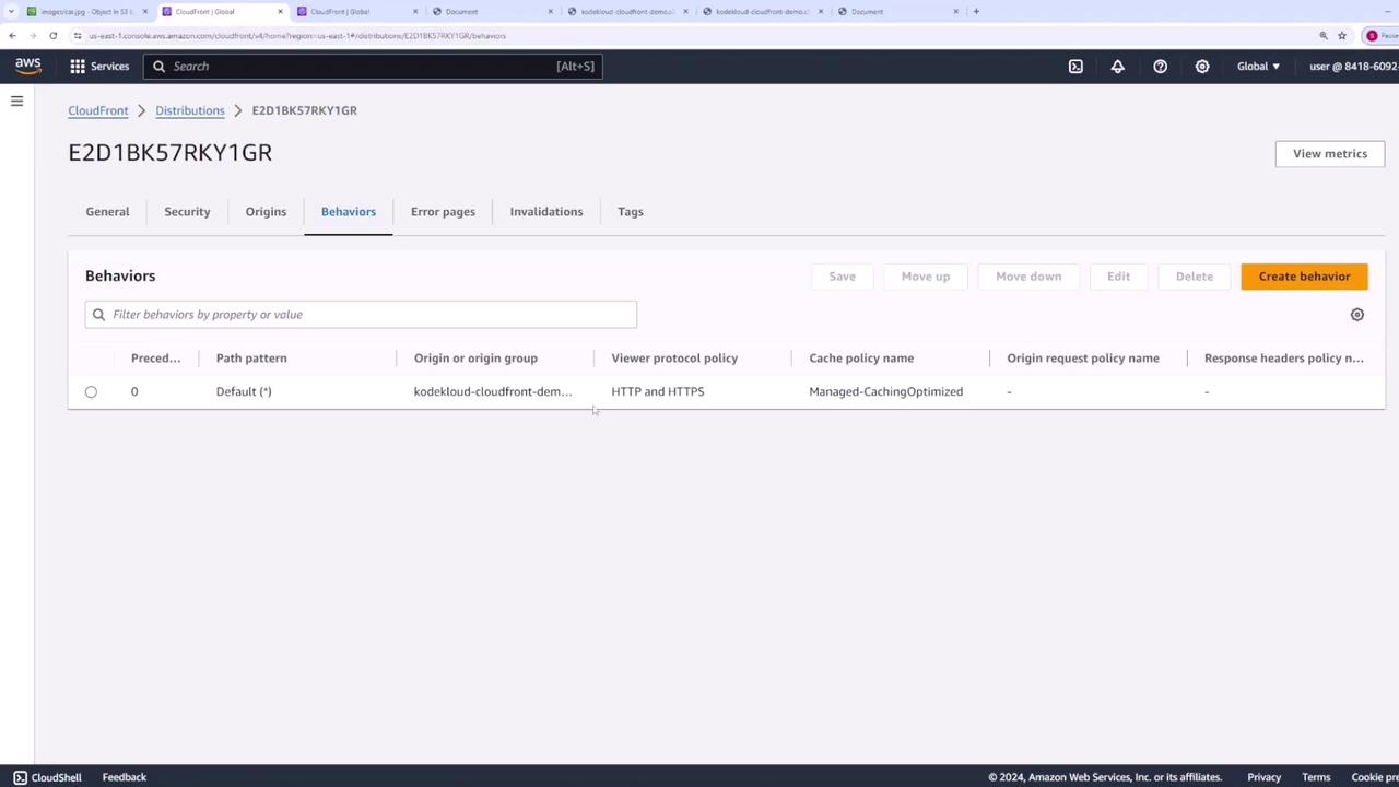 The image shows an AWS CloudFront console displaying the "Behaviors" tab for a distribution, with details like path pattern, origin, and protocol policy. There is an option to create a new behavior.