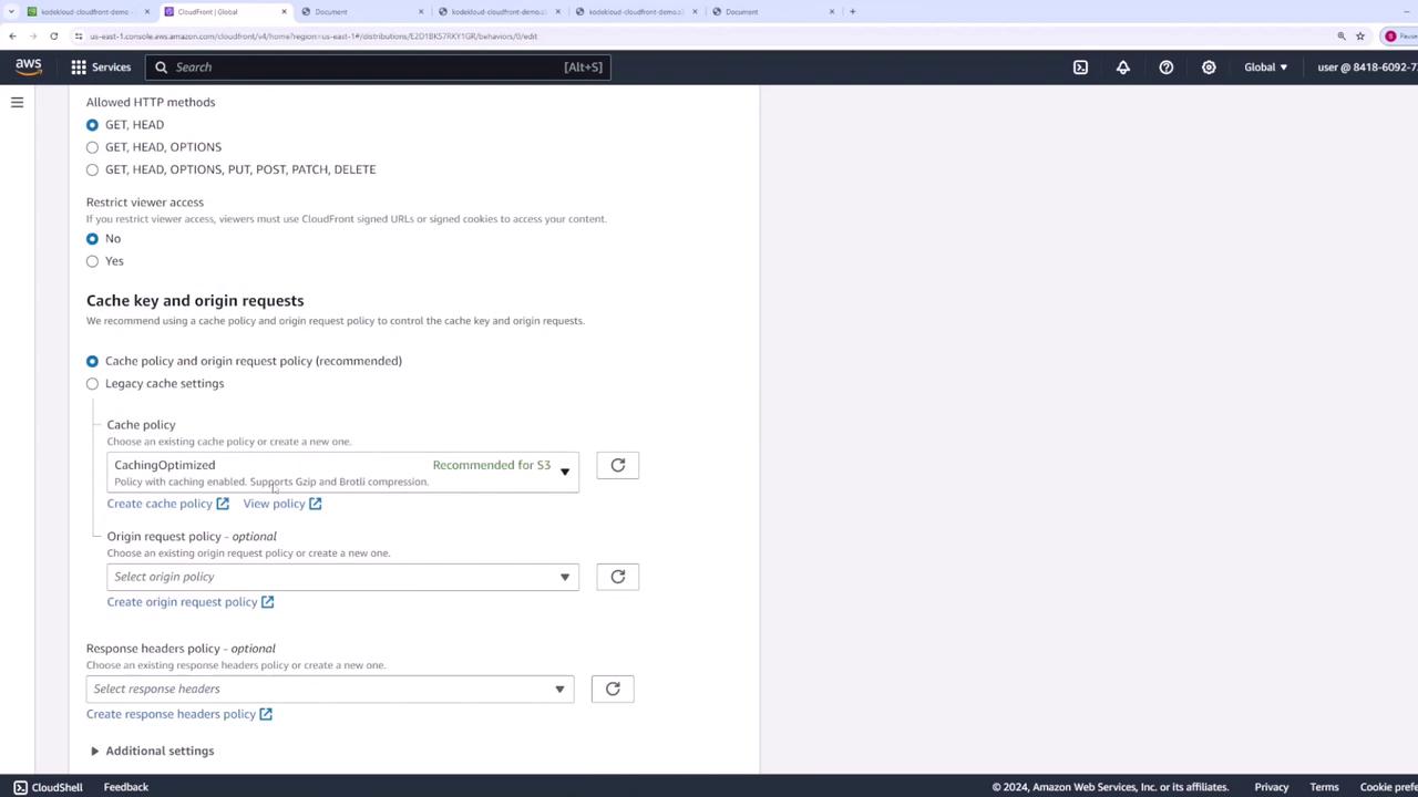 The image shows an AWS CloudFront settings page, focusing on cache key and origin request configurations, with options for allowed HTTP methods and cache policies.