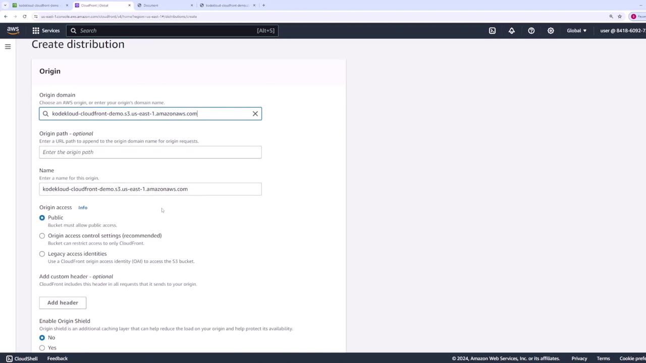 The image shows an AWS CloudFront interface for creating a distribution, with fields for entering the origin domain, path, and access settings.