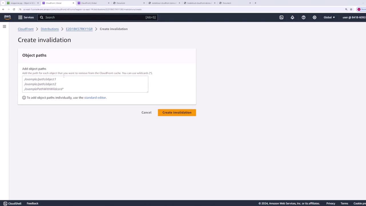 The image shows an AWS CloudFront interface for creating an invalidation, where users can add object paths to remove from the cache. There are options to cancel or create the invalidation.
