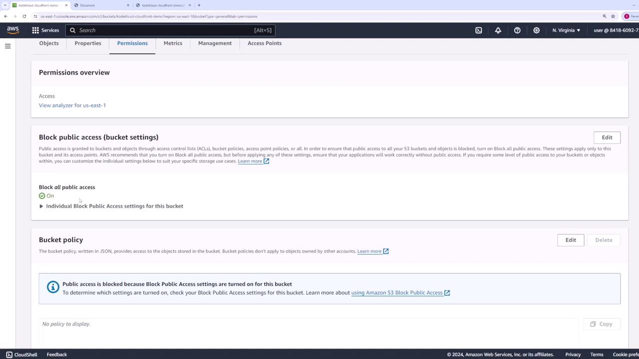 The image shows an AWS S3 bucket permissions settings page, highlighting options for blocking public access and bucket policy configurations.