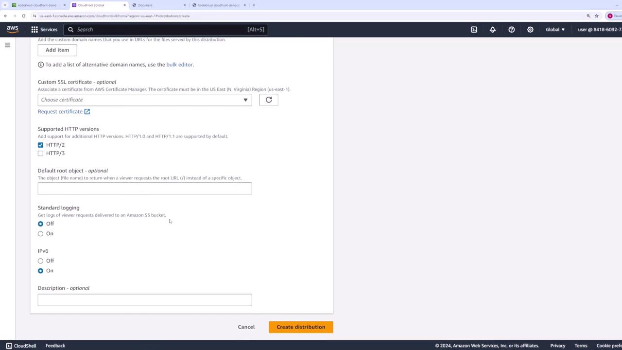 The image shows a configuration page for creating a CloudFront distribution on the AWS Management Console, with options for SSL certificates, HTTP versions, logging, and IPv6 settings.