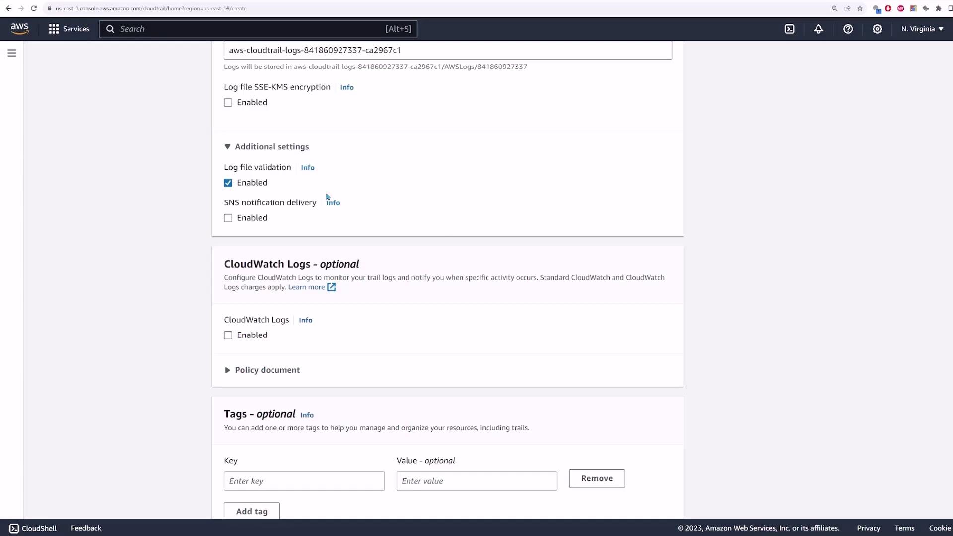 The image shows an AWS CloudTrail configuration page, with options for log file validation, SNS notification delivery, and CloudWatch Logs settings.