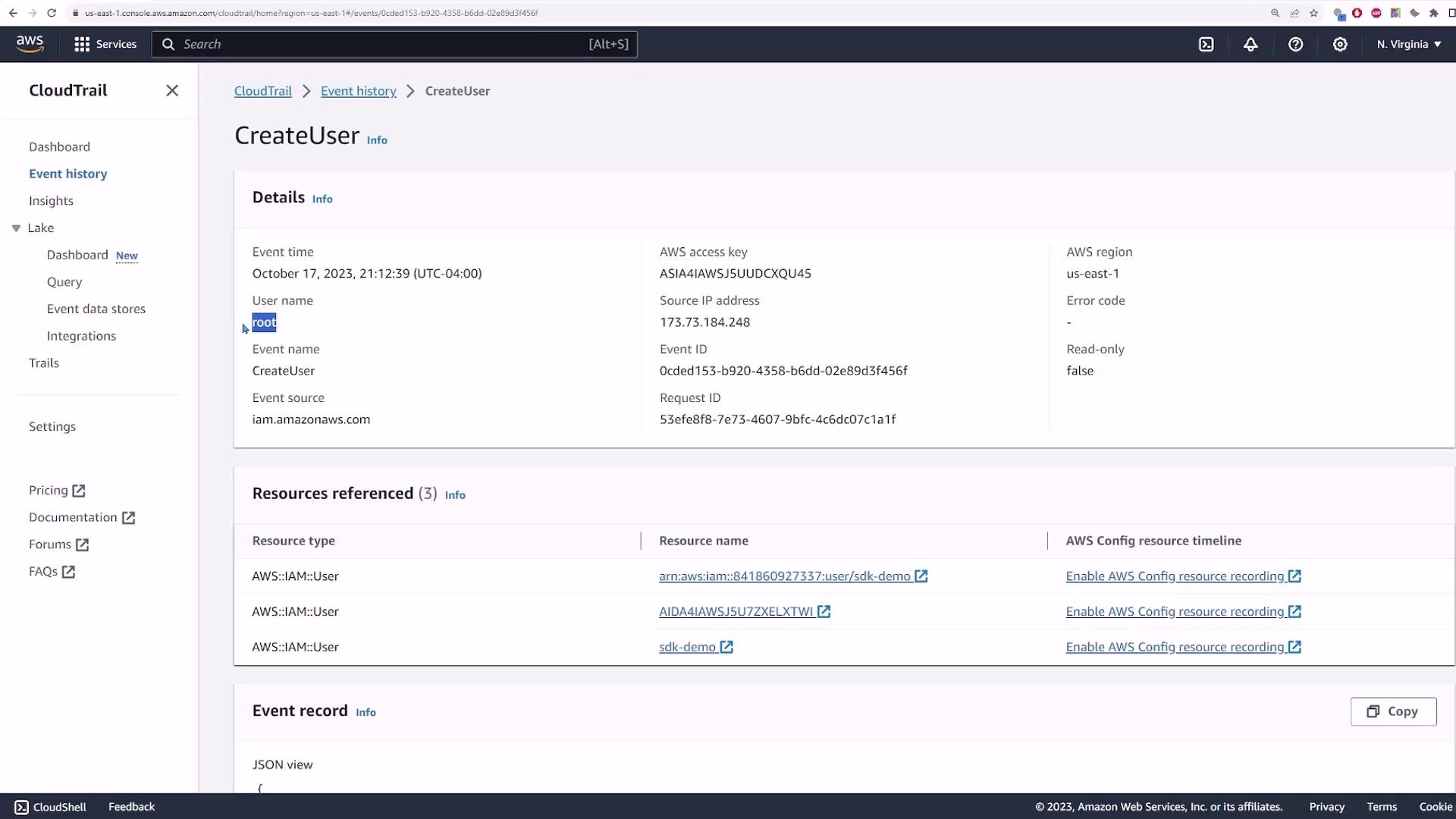 The image shows an AWS CloudTrail event history page detailing a "CreateUser" event, including information such as event time, user name, source IP address, and resources referenced.