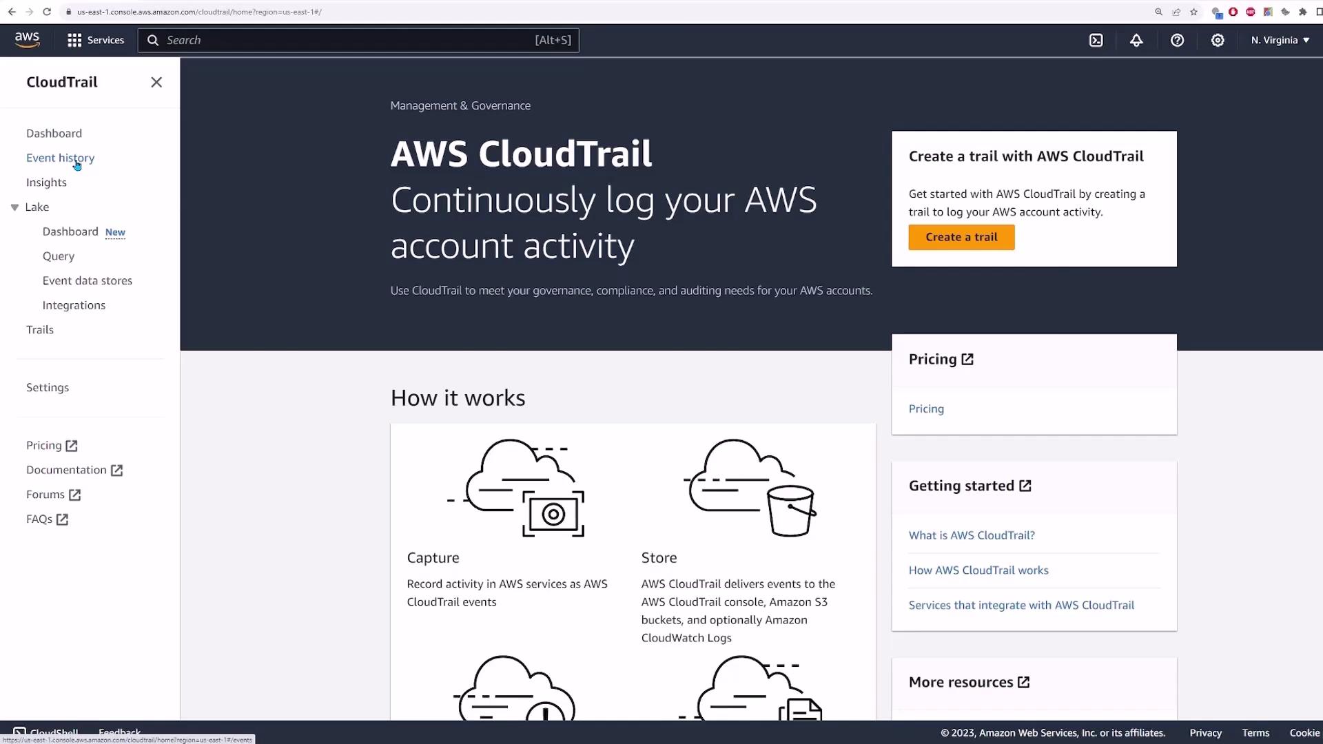 The image shows the AWS CloudTrail dashboard, highlighting features for logging AWS account activity and providing options for creating a trail, with sections on how it works, pricing, and getting started.