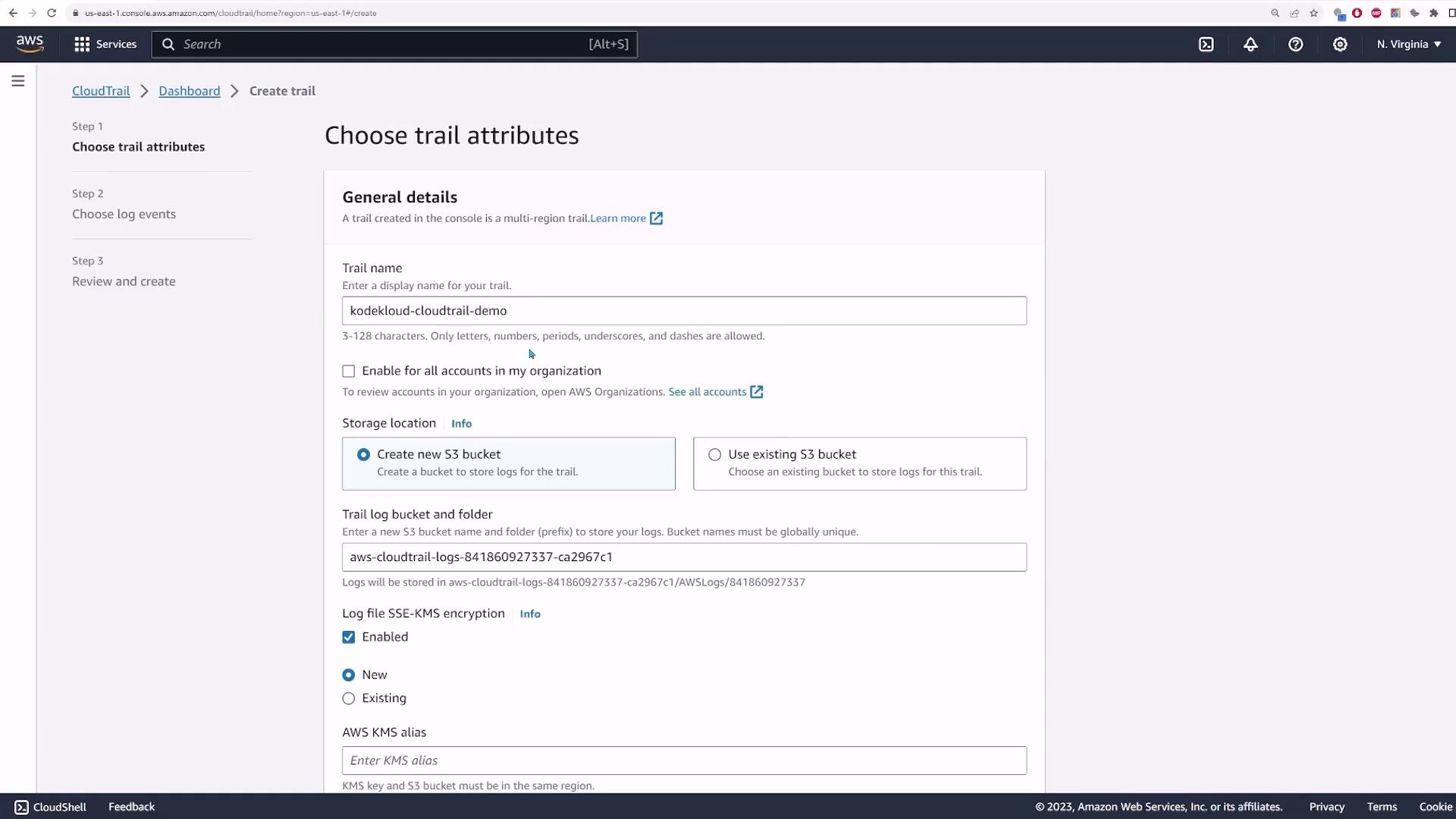 The image shows an AWS CloudTrail setup page where a user is configuring trail attributes, including trail name, storage location, and encryption settings.