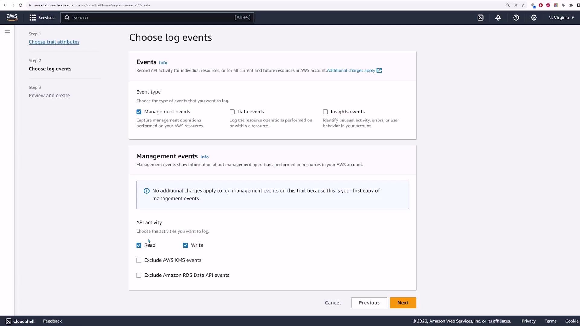 The image shows an AWS CloudTrail setup screen where users can choose log events, including management, data, and insights events, with options for API activity logging.