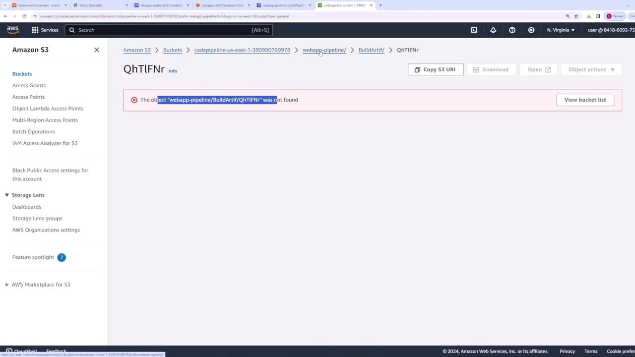 The image shows an Amazon S3 interface with a message indicating that an object was not found in a specified bucket path. The interface includes navigation options and a sidebar with various AWS services.