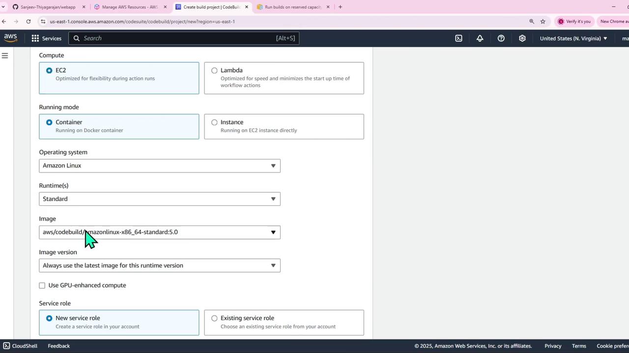 The image shows an AWS CodeBuild configuration screen where options for compute, running mode, operating system, runtime, and service role are being set. The selected options include EC2 for compute, container for running mode, and Amazon Linux for the operating system.
